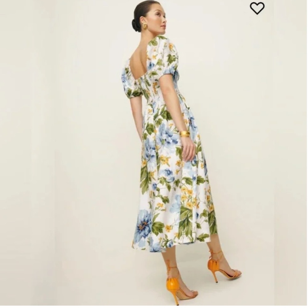 Reformation Marbella Floral Midi Linen A-Line Dress Botanist‎ Puff Sleeve Size 8 - Picture 3 of 15